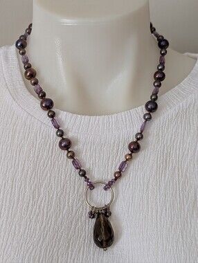 Purple Beaded Teardrop Pendant Necklace Women Jewelry Statement Piece